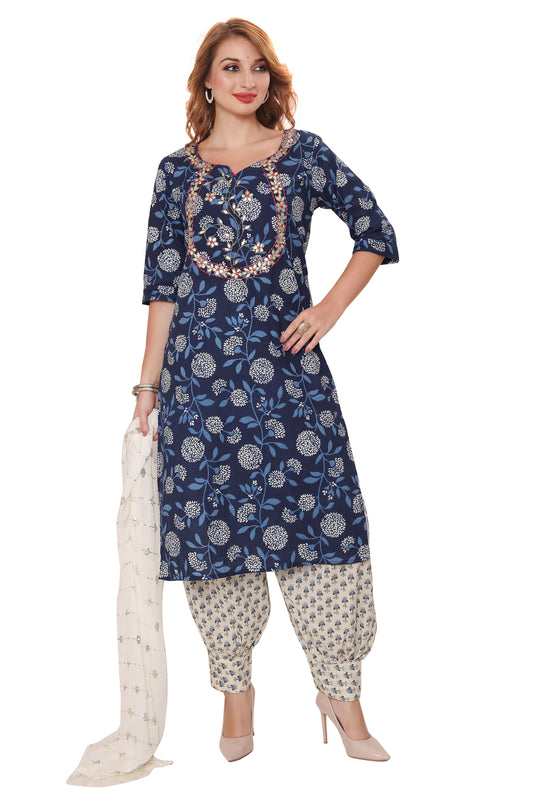 Designer heavy Cotton kurti with Afghani Dhoti with Dupatta Set (3 pcs. Set)