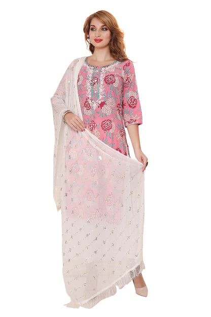 Designer Jaipuri Cotton Kurti with Pant & Dupatta  (3 pcs Set)