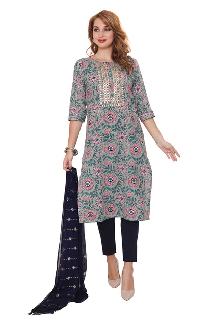 Designer Jaipuri Cotton Kurti with Pant & Dupatta  (3 pcs Set)