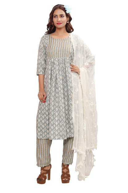 Make a Bold Move with Designer Nayra's Cut Cotton Rayon Kurti, Pant, and Dupatta Set