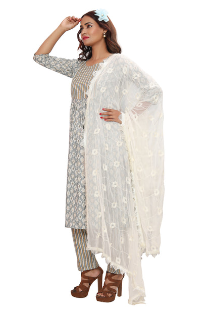 Make a Bold Move with Designer Nayra's Cut Cotton Rayon Kurti, Pant, and Dupatta Set