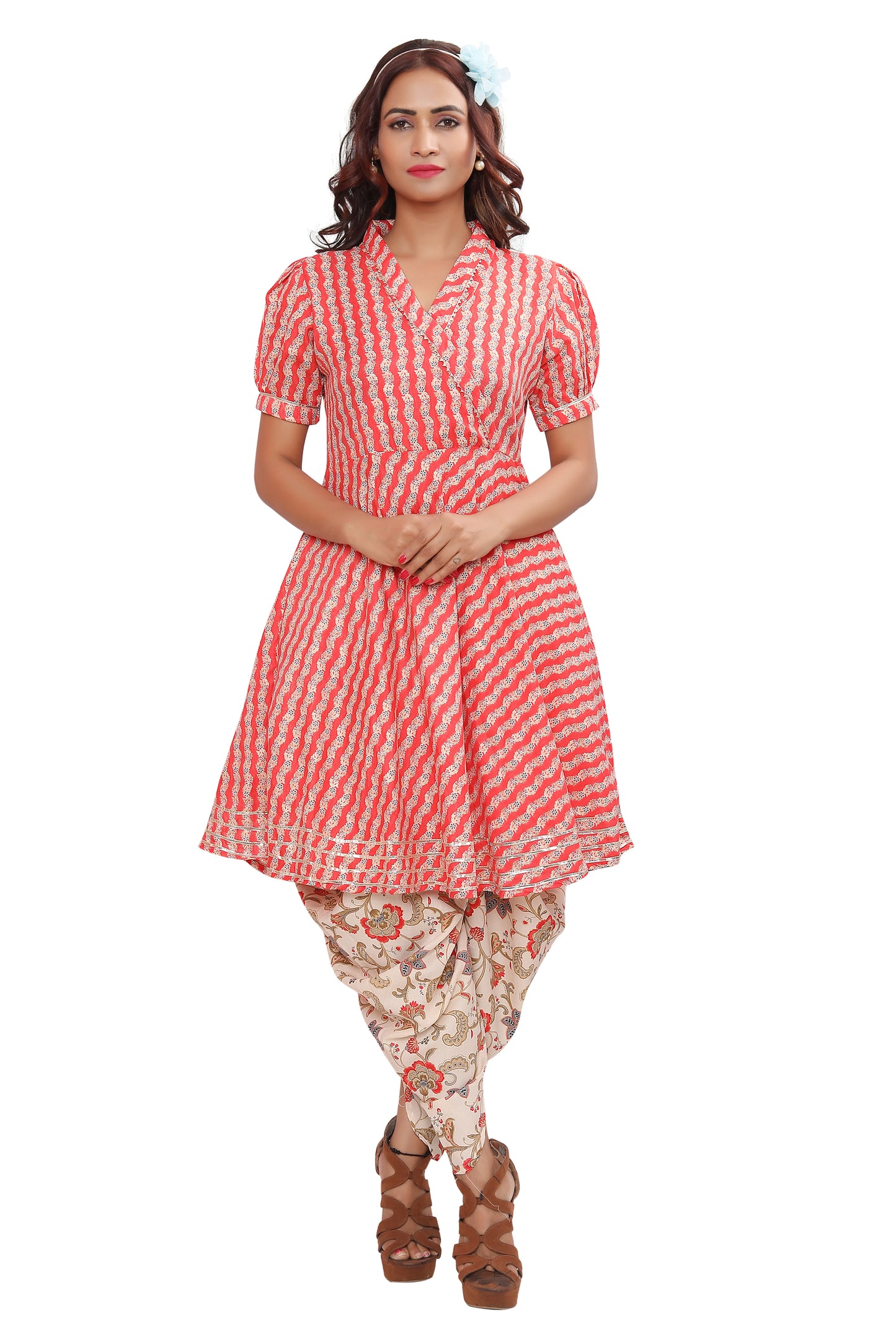 Get ready to turn heads in our stylish and comfortable rayon Kurti and Dhoti set!