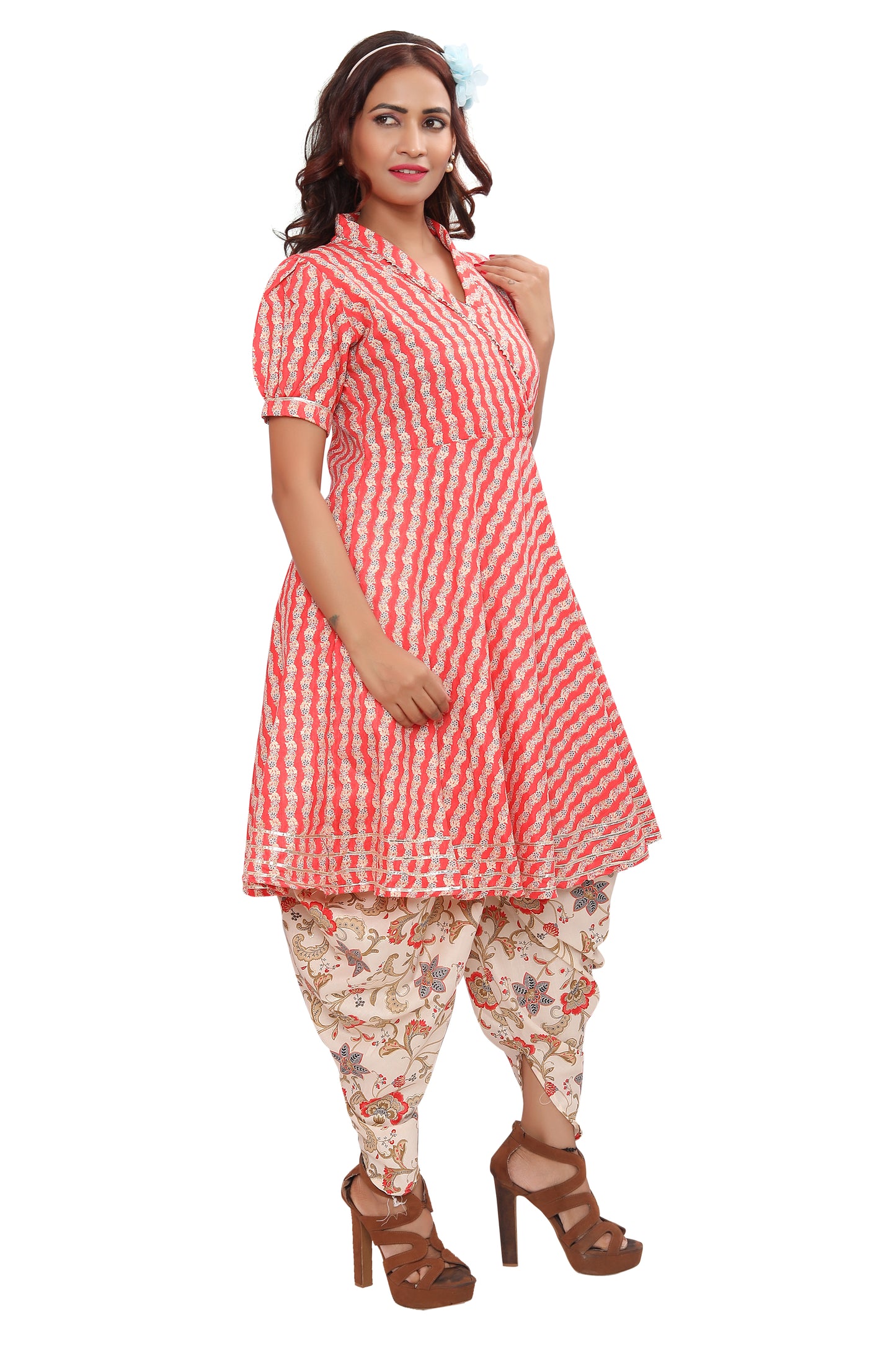 Get ready to turn heads in our stylish and comfortable rayon Kurti and Dhoti set!