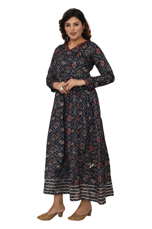 Designer floor length Gown in Navy blue colour with hand work on neck and sleeves