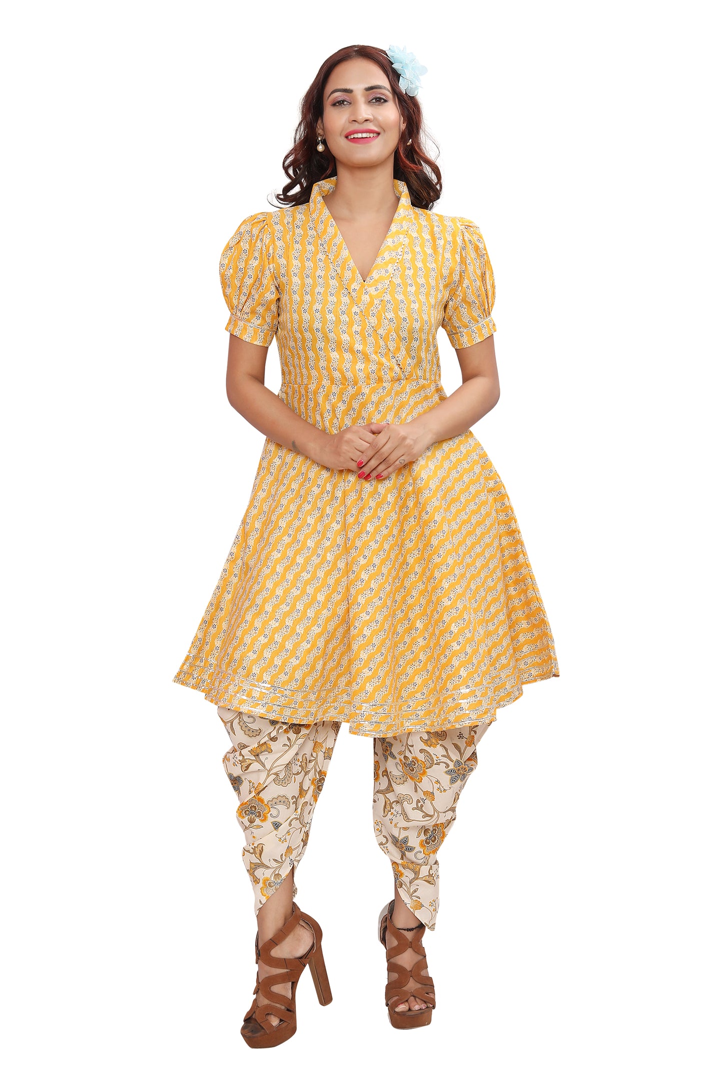 Get ready to turn heads in our stylish and comfortable rayon Kurti and Dhoti set!