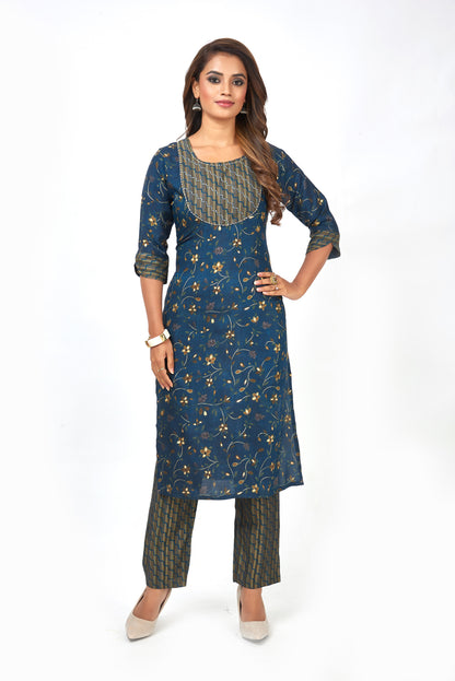 Printed Muslin Silk Straight Kurta Pant Set