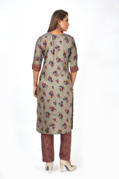 Printed Muslin Silk Straight Kurta Pant Set