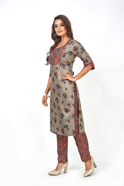 Printed Muslin Silk Straight Kurta Pant Set