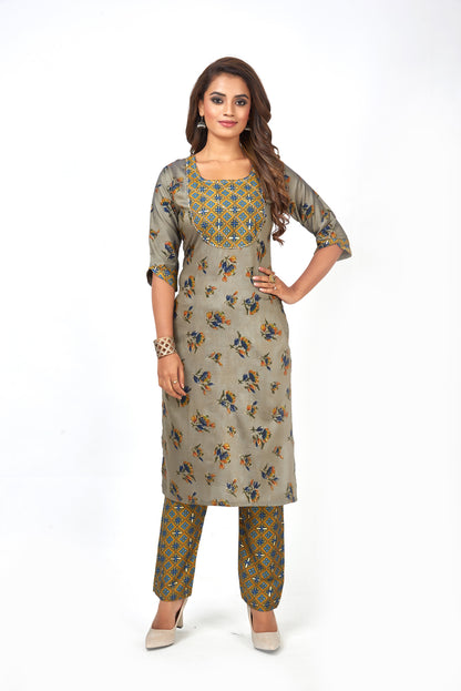 Printed Muslin Silk Straight Kurta Pant Set